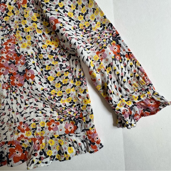 LOFT Petite Floral Split-Neck Blouse Ruffle Hem Long Sleeve Small SP - Picture 9 of 15